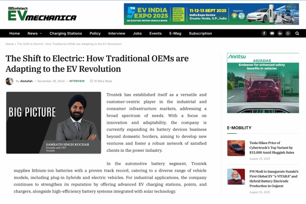 Trontek Recognized in EV Mechanica: Leading the Shift to Electric Mobility