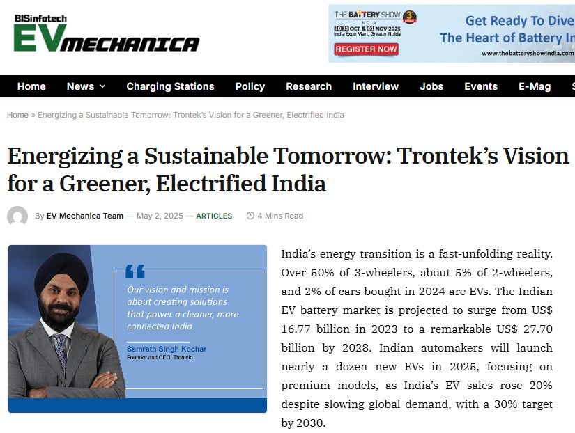 Trontek Featured in EV Mechanica: Pioneering India’s Green Energy Future