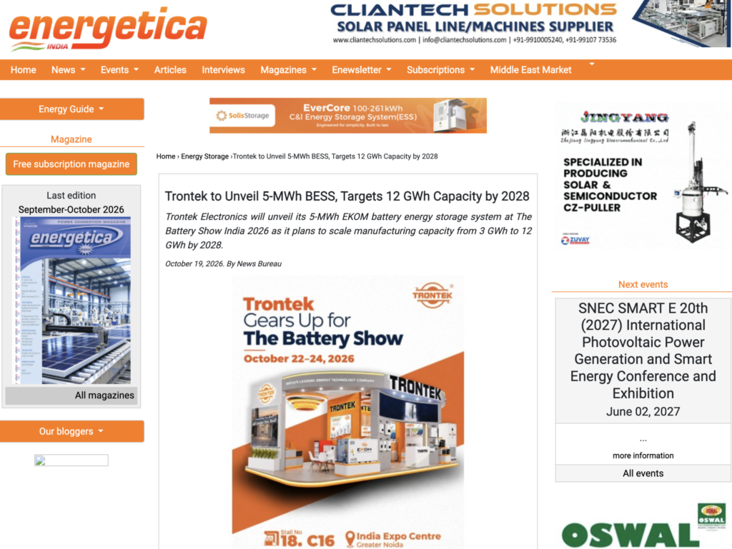 Trontek Featured in Energetica India: Unveiling 5-MWh BESS and Targeting 12 GWh Capacity by 2028