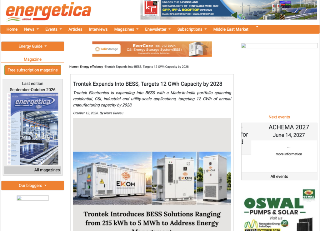 Trontek Expands into BESS, Targets 12 GWh Capacity by 2028