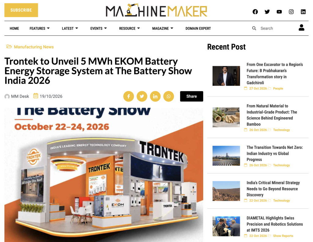 Trontek Featured in Machine Maker for Its 5 MWh EKOM Battery Energy Storage System