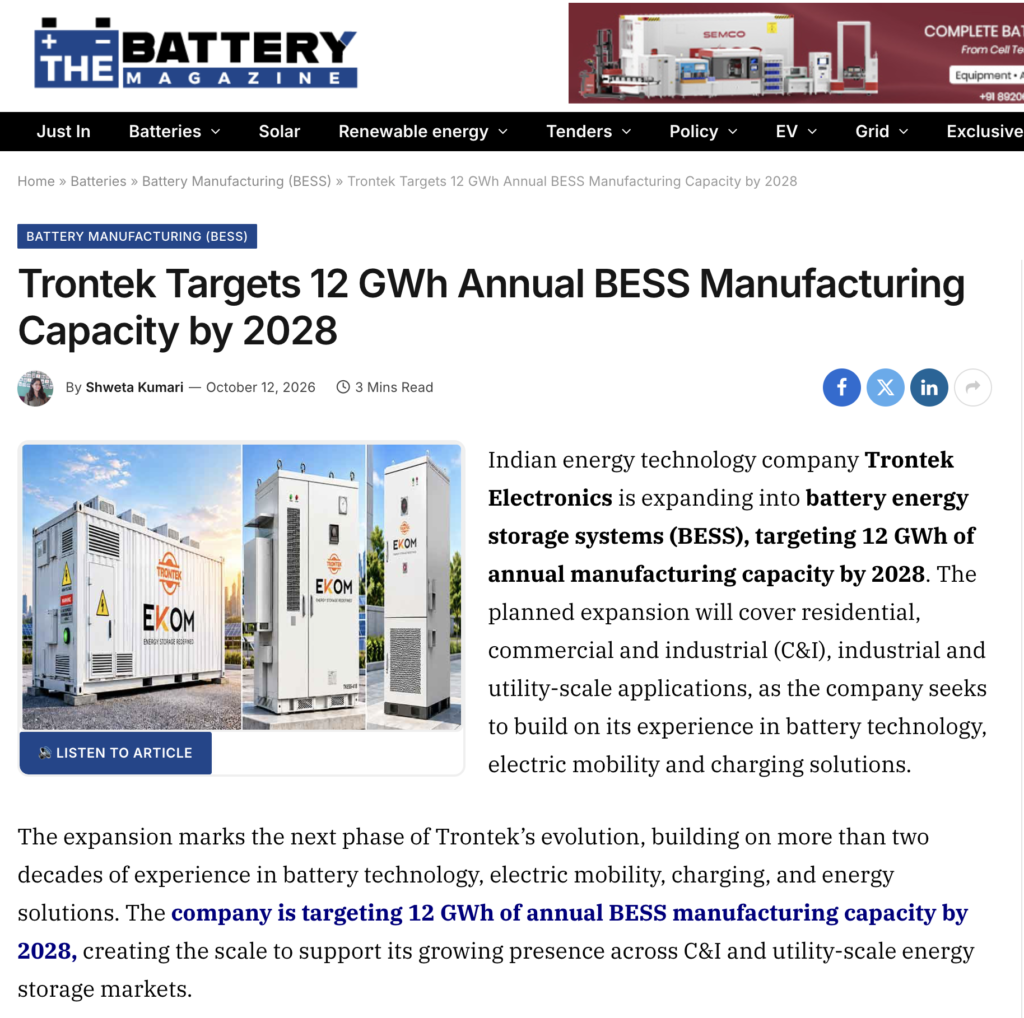 Trontek Targets 12 GWh Annual BESS Manufacturing Capacity by 2028